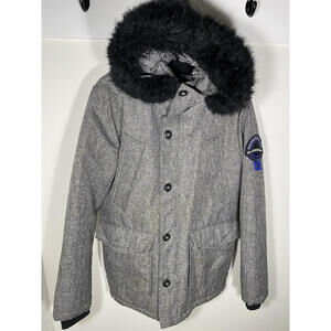 Superdry Grey Wool Blend Hooded Parka Jacket Faux Fur Large